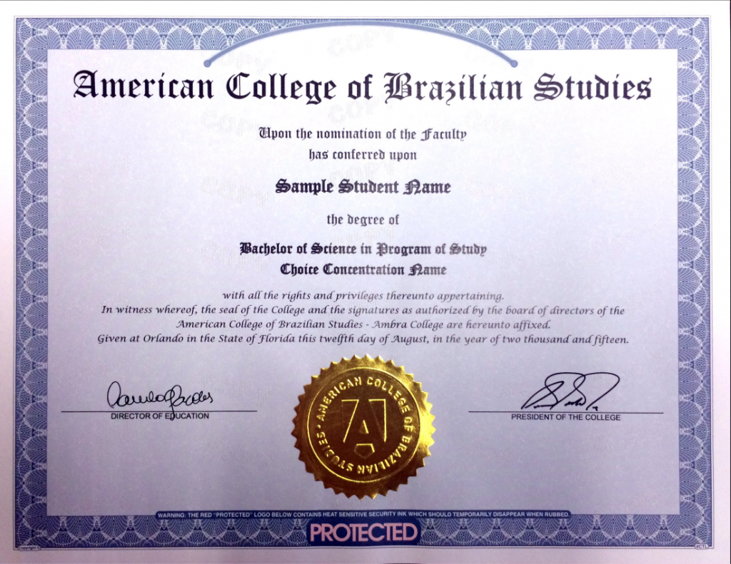 Modelo de diploma da Ambra College para cursos de direito e negócios. Modelo de diploma da Ambra College